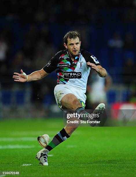 Harlequins flyhalf Nick Evans kicks the inning points during the Amlin Cup Final between Harlequins and Stade Francais at Cardiff City Stadium on May...