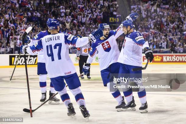 Andrej Sekera of Slovakia celebrates scoring a goal during the 2019 IIHF Ice Hockey World Championship Slovakia group A game between Great Britain...