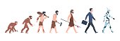 Human evolution. Monkey to businessman and cyborg cartoon concept, from ancient ape to man growth. Vector mankind evolution