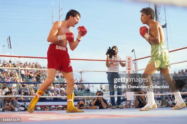 Barry McGuigan and Steve Cruz boxing on June 23, 1986 in Las Vegas, Nevada.