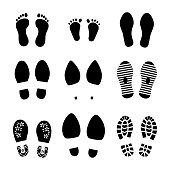 Footprints. Shoes and legs human steps, baby child and grown man footsteps, people funny step prints symbols. Vector footprint set
