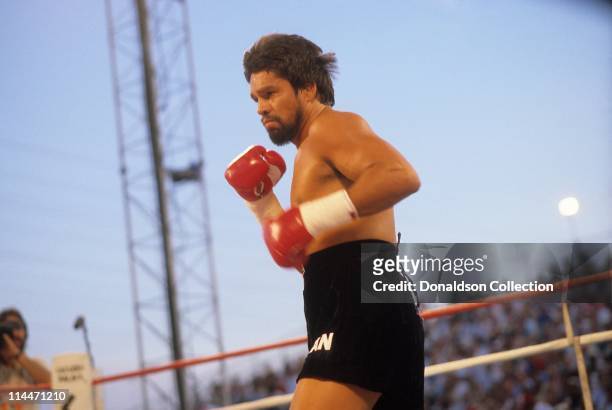 Roberto Duran boxing on June 23, 1986 in Caesars Palace, Las Vegas, Nevada.