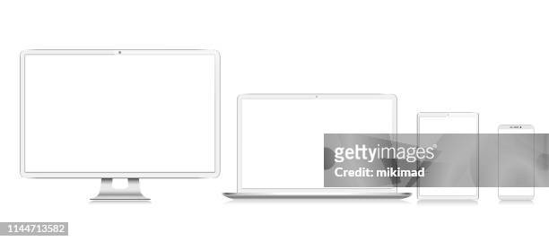 realistisches white vector digital tablet, handy, smart phone, laptop und computer monitor. moderne digitale geräte - device screen stock-grafiken, -clipart, -cartoons und -symbole
