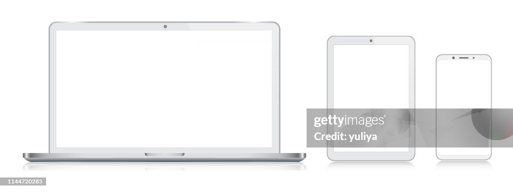 Laptop, Tablet, Smartphone, Mobile Phone In Silver Color With Reflection, Realistic Vector Illustration