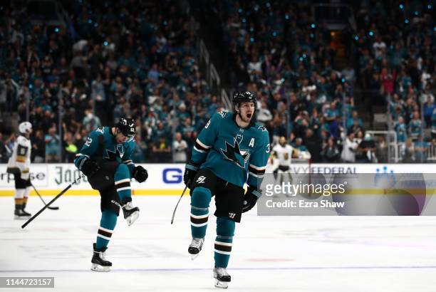 Logan Couture of the San Jose Sharks celebrates after he scored the tying goal in the third period of their game against the Vegas Golden Knights in...