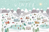 Winter. Cute vector illustration of the Christmas, New Year winter landscape with houses, mountains, people, trees and a skating rink. Top view