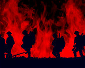 Outline of WWI soldiers walking over colourful flames