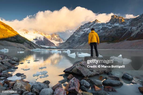 man looking at view at sunrise in los glaciers national park, argentina - patagonien stock-fotos und bilder