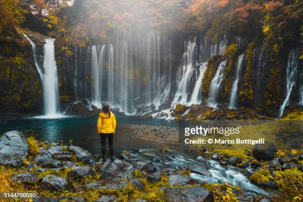 tourist woman admiring the shiraito falls, japan - prefettura di shizuoka foto e immagini stock