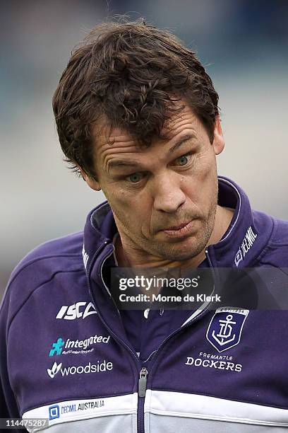 Mark Harvey of the Dockers reacts during the round nine AFL match between the Port Adelaide Power and the Fremantle Dockers at AAMI Stadium on May...