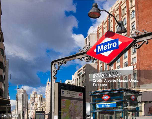 spain, madrid, gran via avenue and callao metro station - callao stock pictures, royalty-free photos & images