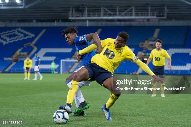 Manasse Mampala of Everton battles for the ball during the Premier League 2 Cup game against Blackburn Rovers at Goodison Park on April 23, 2019 in...