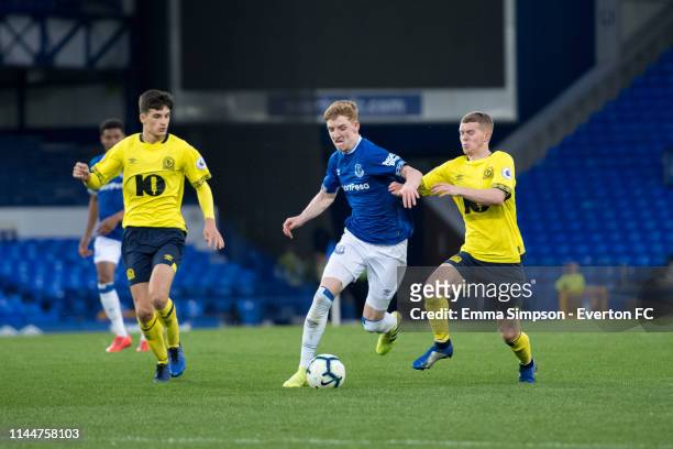 Anthony Gordon of Everton on the ball during the Premier League 2 Cup game against Blackburn Rovers at Goodison Park on April 23, 2019 in Liverpool,...