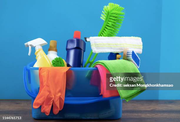 cleaning set for different surfaces in kitchen, bathroom and other rooms. - clearing products stockfoto's en -beelden