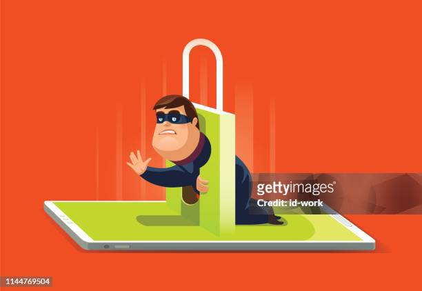 cyber thief with padlock and smartphone - nervous person clipart free stock illustrations