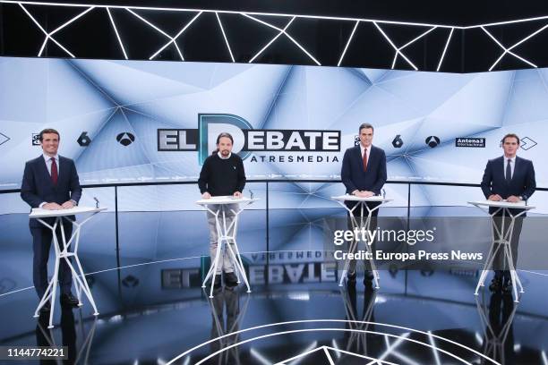 The president of PP, Pablo Casado , the secretary general of Podemos, Pablo Iglesias , the president of the Government, Pedro Sanchez , and the...