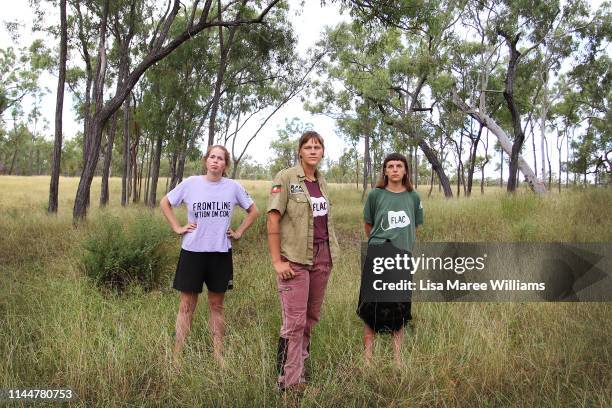 Frontline activists Tess Malcolm, Hayley Sestokas and Rilka Laycock-Walsh prepare to join with the Stop Adani convoy on April 24, 2019 in Bowen,...