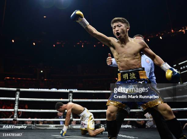 Naoya Inoue of Japan , celebrates as he knock down Emmanuel Rodriguez of Puerto Rico , during the WBSS Bantamweight Semi Final IBF World Championship...