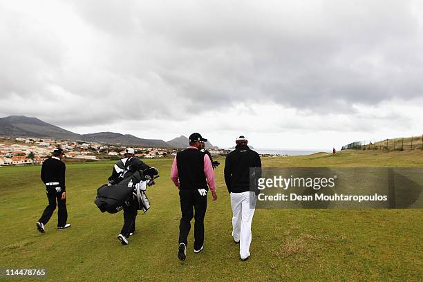 Francois Delamontagne of Fance, James Elson of England and Simon Thornton of Ireland walk on the 1st hole during day three of the Madeira Islands...