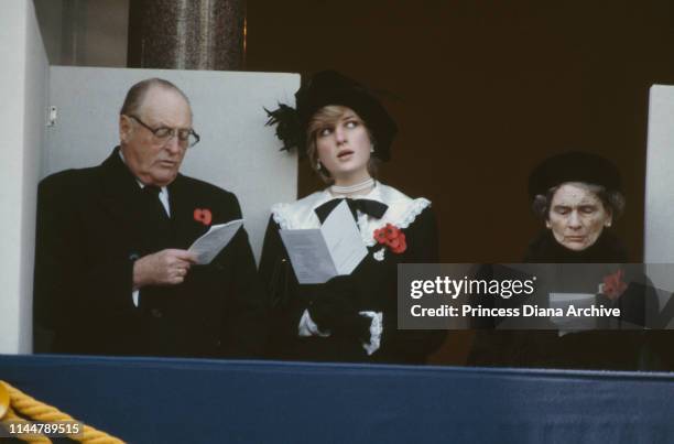 King Olav of Norway , Princess Diana , and Alice, Duchess of Gloucester during the Remembrance Sunday service at the Cenotaph, London, UK, 8th...