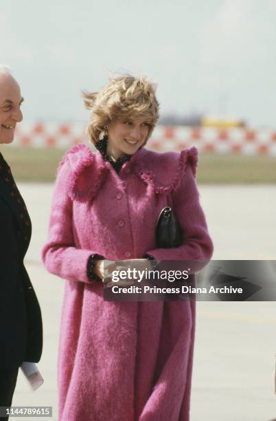 Diana, Princess of Wales , wearing Bellville Sassoon maternity coat, in Huddersfield, UK, 22nd March 1982.