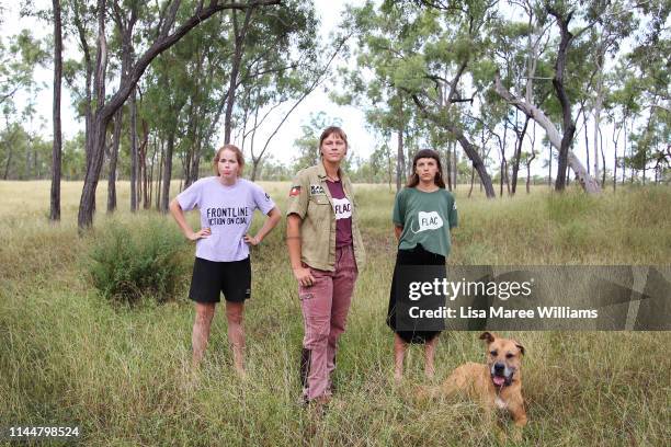 Frontline environment activists Tess Malcolm, Hayley Sestokas and Rilka Laycock-Walsh prepare to join the Stop Adani convoy on April 24, 2019 in...