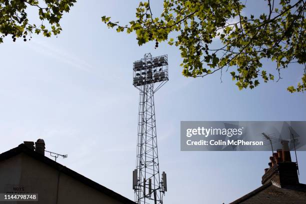 An exterior view of the ground's floodlight pylons pictured before Brentford hosted Leeds United in an EFL Championship match at Griffin Park. Formed...