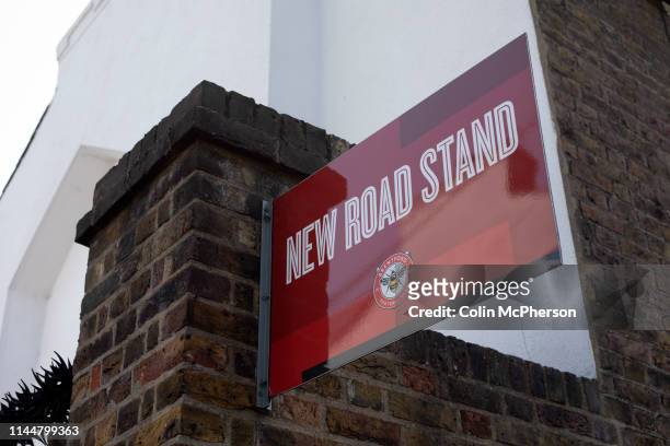 An exterior view of the New Road stand entrance pictured before Brentford hosted Leeds United in an EFL Championship match at Griffin Park. Formed in...