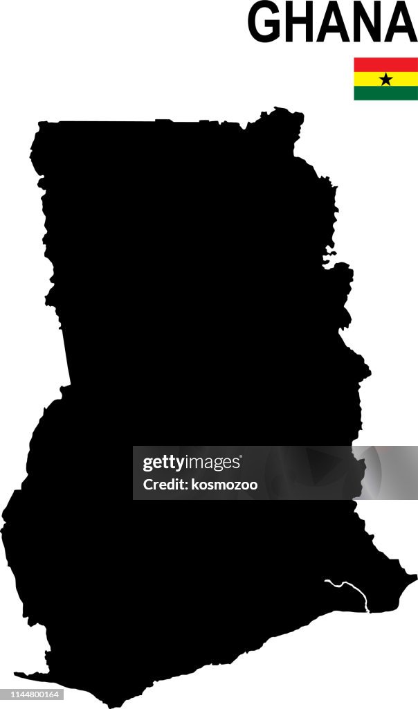 Mappa di base nera del Ghana con bandiera su sfondo bianco