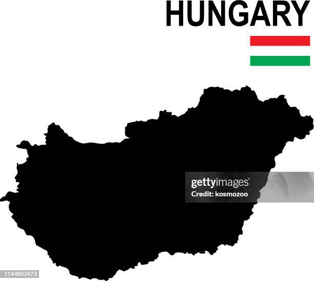 black basic map of hungary with flag against white background - hungary map vector stock illustrations