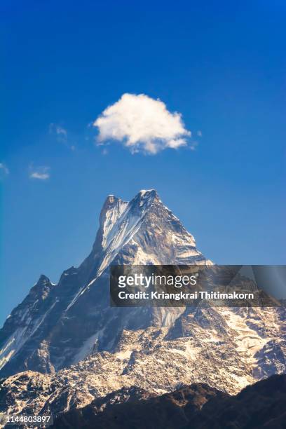 view of machapuchare mountain. - machapuchare stock pictures, royalty-free photos & images