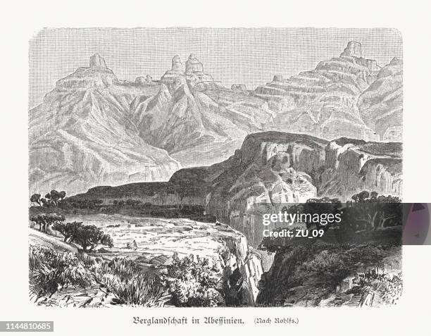 mountain landscape in abyssinia, ethiopia, wood engraving, published in 1897 - simien mountains national park stock illustrations