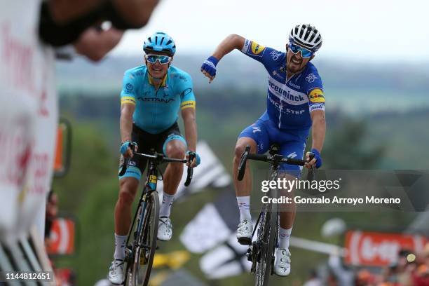 Arrival / Julian Alaphilippe of France and Team Deceuninck - Quick-Step / Celebration / Jakob Fuglsang of Denmark and Astana Pro Team / during the...