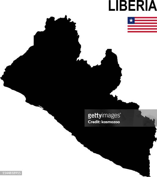 白の背景に対するフラグを持つリベリアの黒の基本的な地図 - liberia点のイラスト素材／クリップアート素材／マンガ素材／アイコン素材