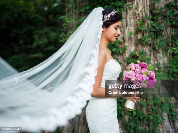 schöne lateinische braut mit langem schleier und blumenstrauß - trägerlos stock-fotos und bilder