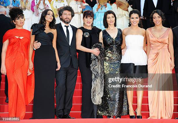 Leila Bekhti, director Radu Mihaileanu, Biyouna, Hiam Abbas, Sabrina Ouazani and Hafsia Herzi attends the "La Source Des Femmes" Premiere at Palais...