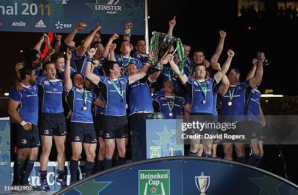 Leinster receive the trophy after defeating Northampton in the Heineken Cup Final match between Leinster and Northampton Saints at the Millennium...