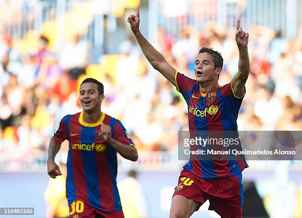 Ibrahim Afellay of Barcelona celebrates after scoring during the La Liga match between Malaga and Barcelona at La Rosaleda Stadium on May 21, 2011 in...