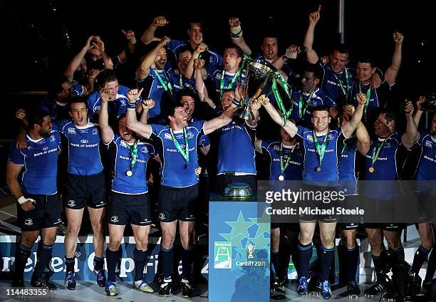 The Leinster players celebrate with the trophy following their victory at the end of the Heineken Cup Final match between Leinster and Northampton...