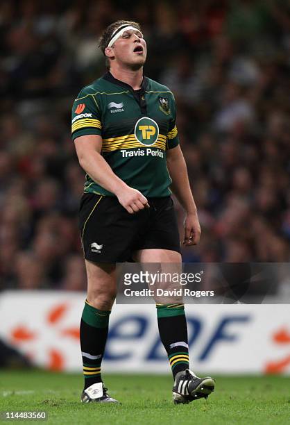 Dylan Hartley of Northampton looks dejected after defeat during the Heineken Cup Final match between Leinster and Northampton Saints at the...
