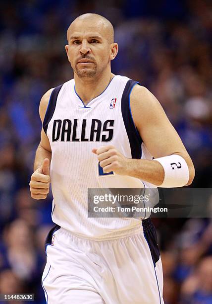 Jason Kidd of the Dallas Mavericks runs back down court while taking on the Oklahoma City Thunder in Game Two of the Western Conference Finals during...