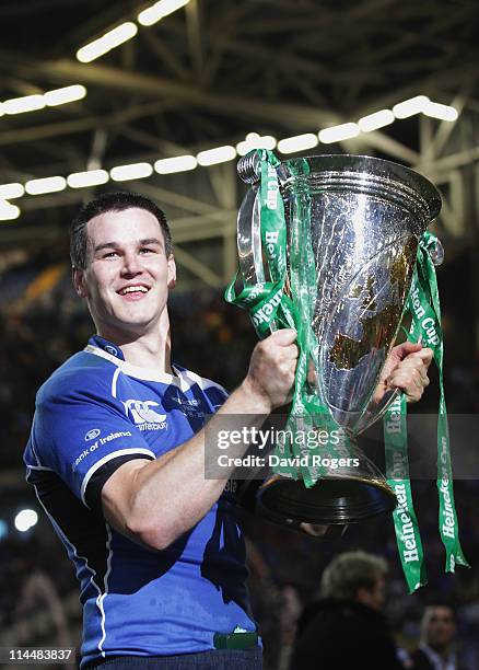 Jonny Sexton of Leinster holds the trophy during the Heineken Cup Final match between Leinster and Northampton Saints at the Millennium Stadium on...