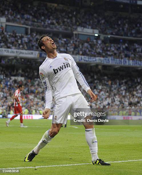 Cristiano Ronaldo of Real Madrid celebrates after scoring his second goal during the La Liga match between Real Madrid and UD Almeria at Estadio...