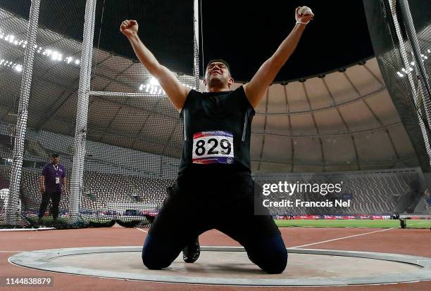 Dilshod Nazarov of Tajikistan celebrates after winning the Men's Hammer Throw Final during Day Four of the 23rd Asian Athletics Championships at...