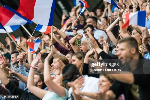 french fans with waving flags - france supporter stock pictures, royalty-free photos & images