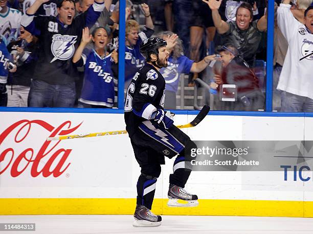 Martin St. Louis of the Tampa Bay Lightning celebrates a goal in the third period against the Boston Bruins in Game Four of the Eastern Conference...