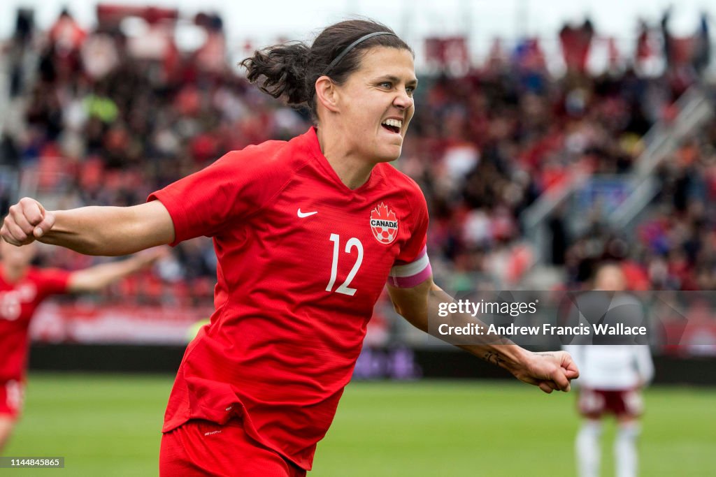 Canadian forward Christine Sinclair celebrates goal