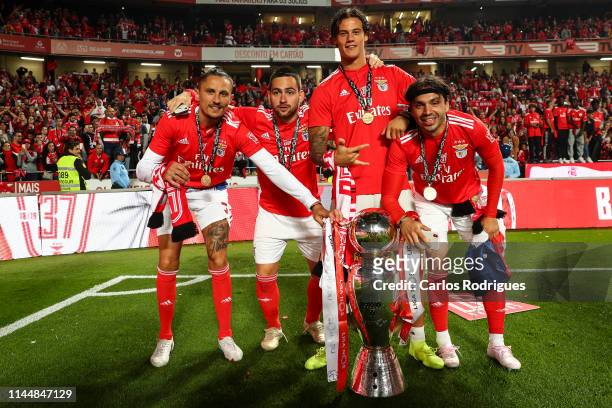 Ljubomir Fejsa of SL Benfica , Andrija Zivkovic of SL Benfica , Mile Svilar of SL Benfica and Filip Krovinovic of SL Benfica with the Primeira Liga...