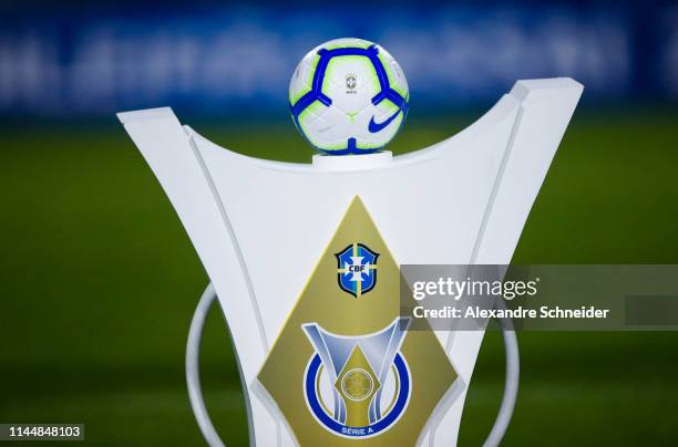 The official ball of Brasileirao 2019 is showed prior to the match between Palmeiras and Santos for the Brasileirao Series A 2019 at Pacaembu Stadium...