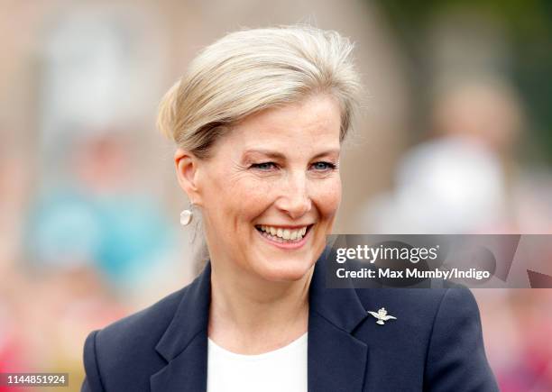 Sophie, Countess of Wessex opens the new Centenary Play Park during a visit to RAF Wittering on April 24, 2019 in Peterborough, England.